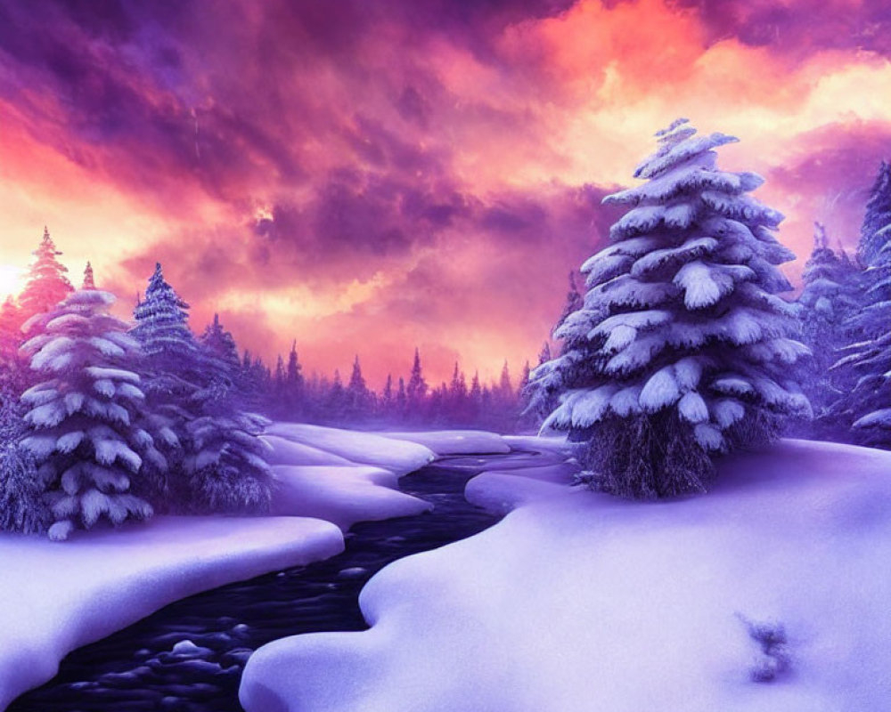 Majestic snow-covered pine trees by winding stream at purple sunset