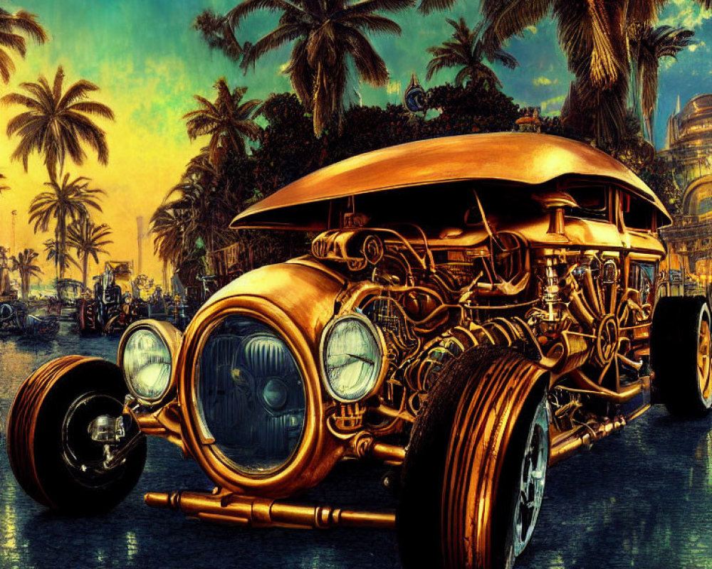 Vintage Bronze Car with Intricate Designs on Palm-Lined Boulevard at Sunset