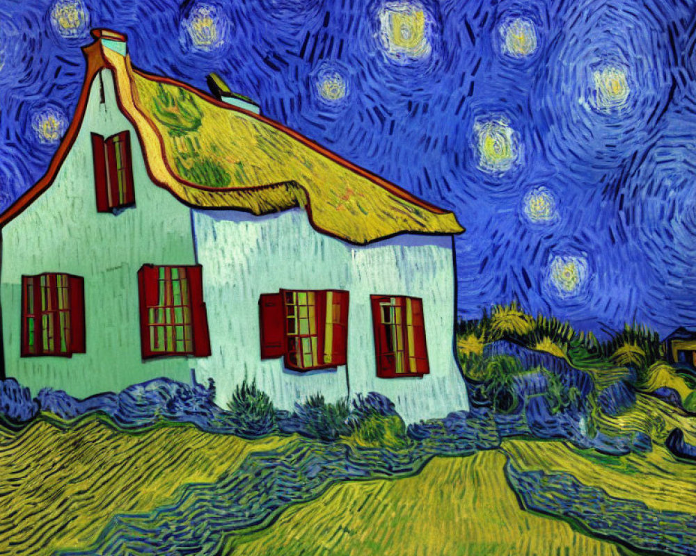 Vibrant painting of starry night with swirling blue sky and quaint house