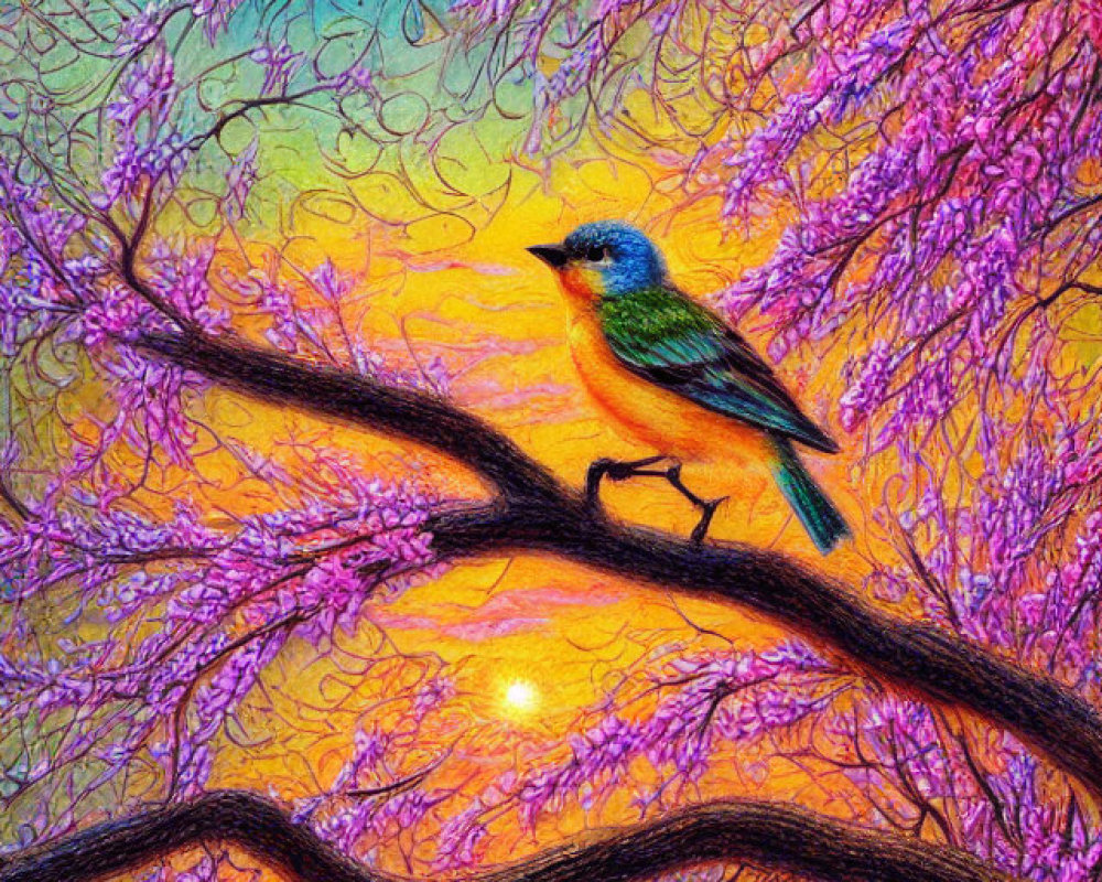 Colorful bird on gnarled branch in vibrant, blooming forest at sunset