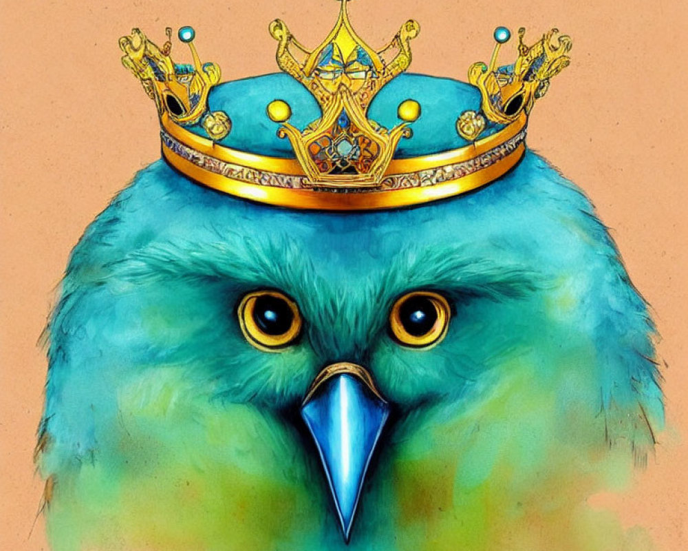 Detailed Illustration: Blue Bird with Golden Crown on Tan Background