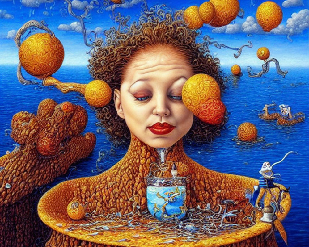 Surreal painting of woman's head with floating orange spheres and hair as landscape.