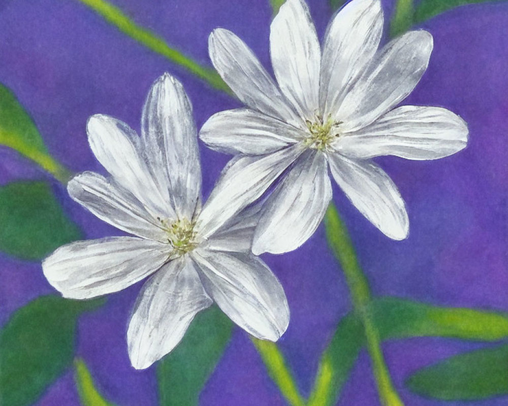 White Flowers with Five Petals on Purple Background and Green Leaves