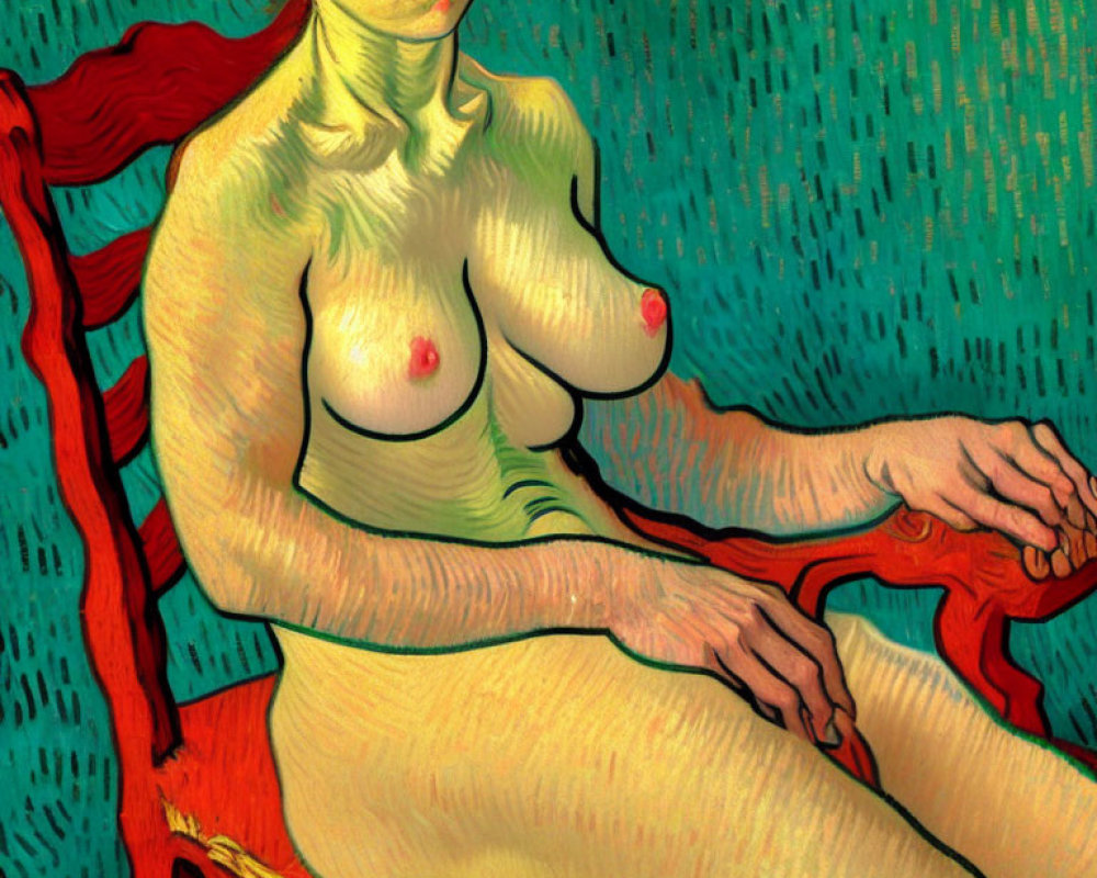 Nude Woman with Red Hair on Red Chair Against Green Background