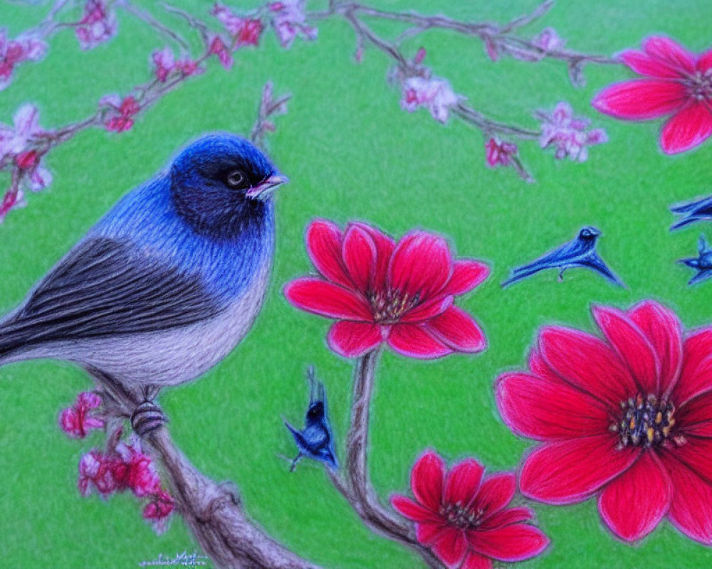Vibrant blue bird on branch with red flowers and small flying birds on green background