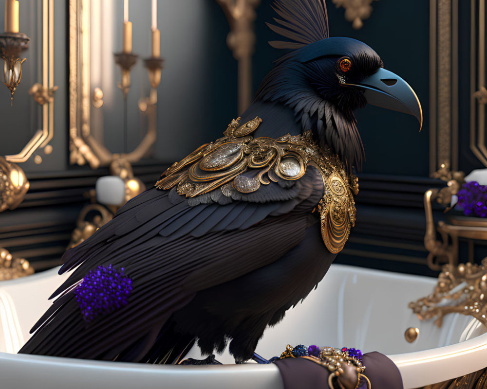 Raven with Gold Jewelry on Luxurious Bathtub in Opulent Bathroom