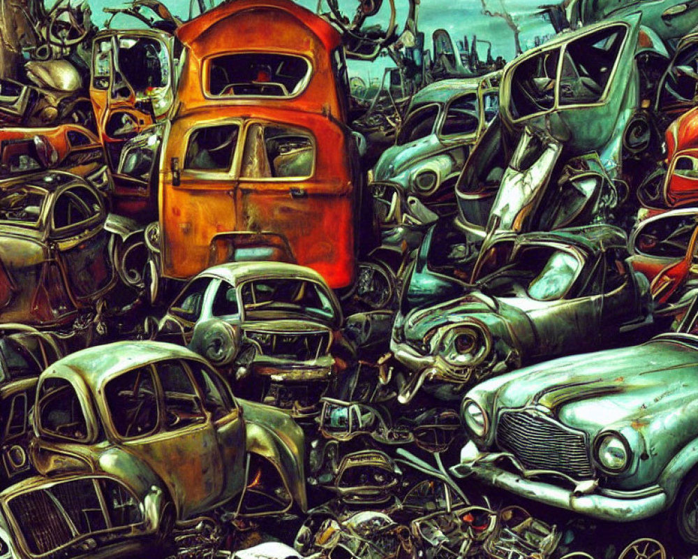 Colorful chaotic junkyard with rusted cars under dramatic sky