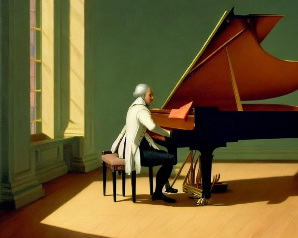Historical figure at grand piano in sunlit room
