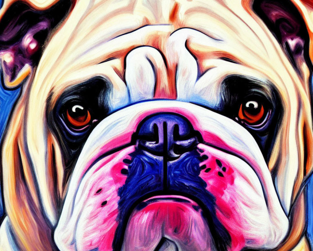 Vibrant Bulldog Portrait on Blue Swirl Background