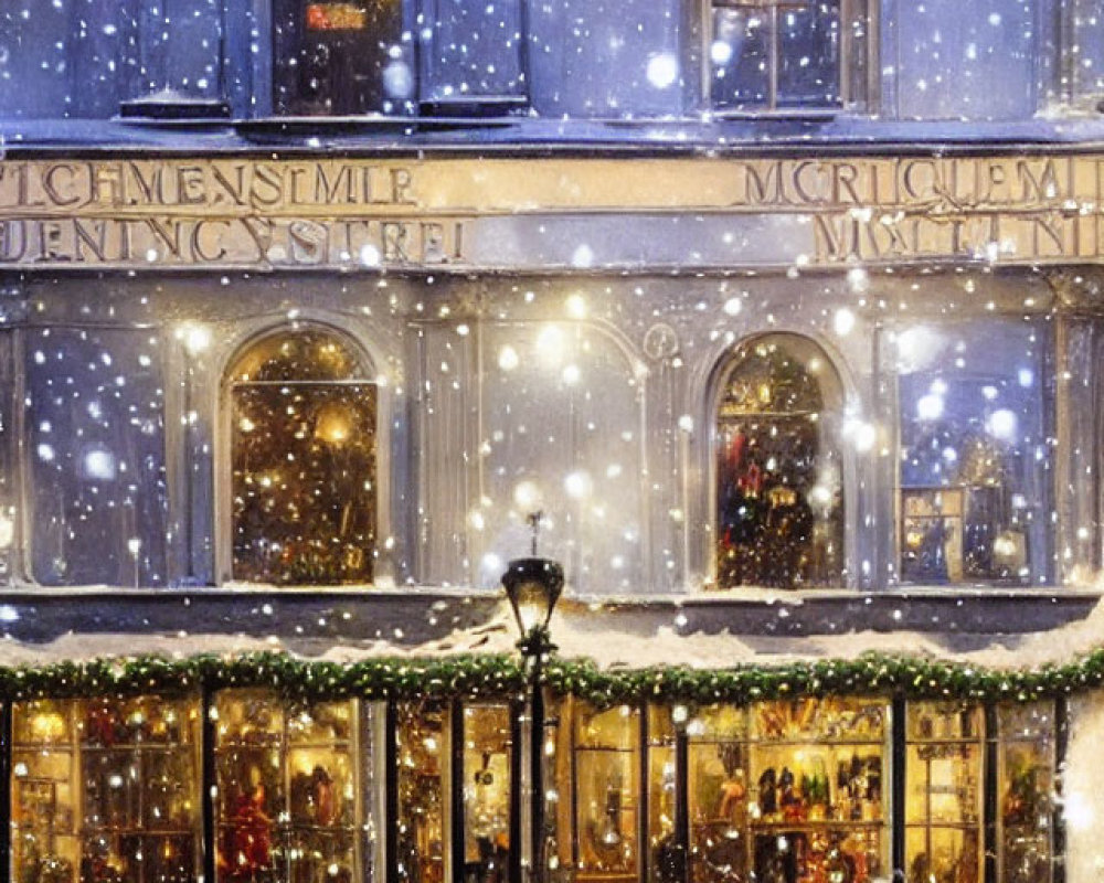 Snowy Christmas-themed storefront in serene winter evening