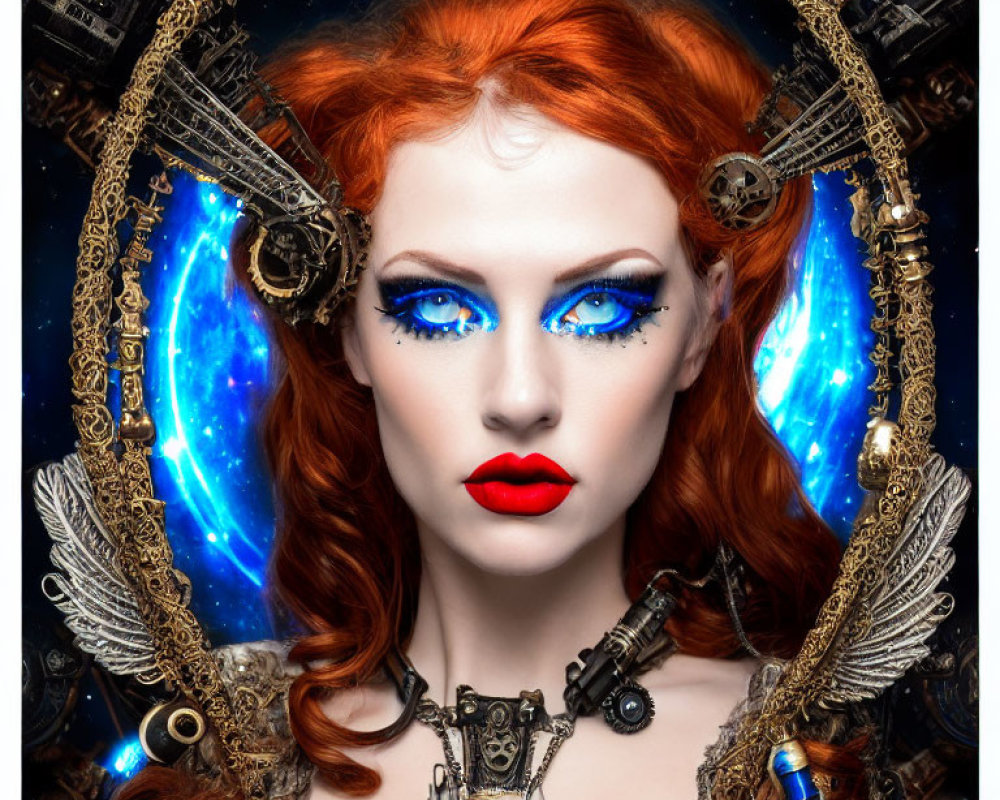 Fantastical portrait of a woman with blue eyes and red hair in steampunk setting