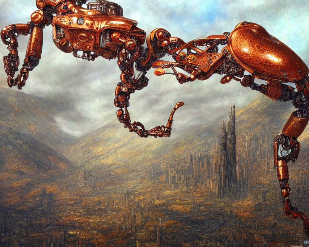 Intricate Steampunk Robotic Creatures in Dystopian City & Mountains