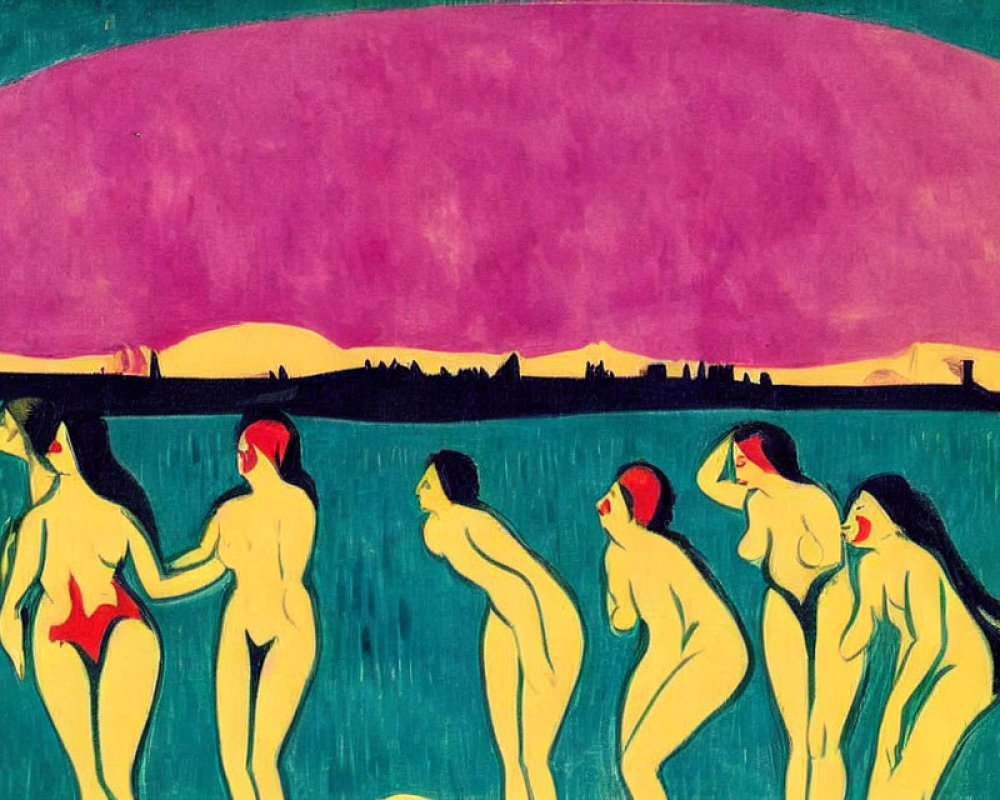 Vibrant painting of five nude figures by lakeside under pink sky