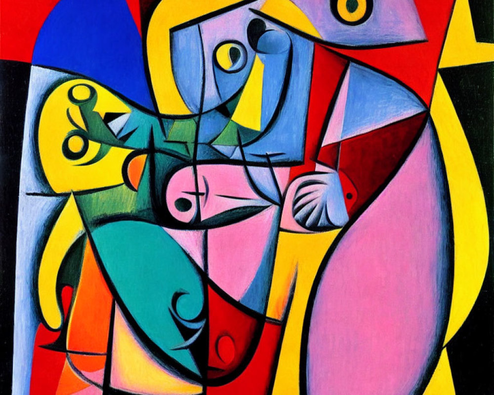Colorful Cubist Painting Featuring Geometric Shapes and Fragmented Human Figure