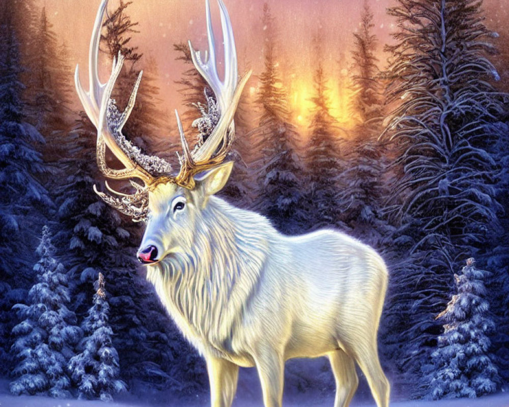 Majestic white stag in wintry forest with glistening antlers