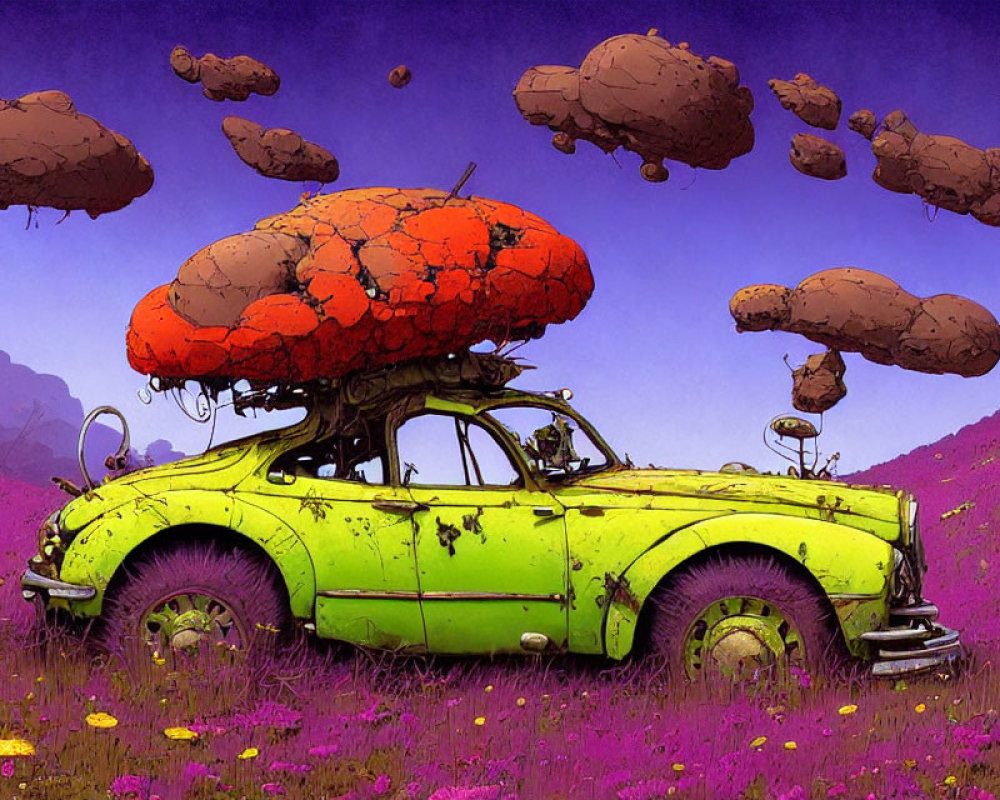 Surreal illustration of rusting car with mushroom cap in colorful landscape