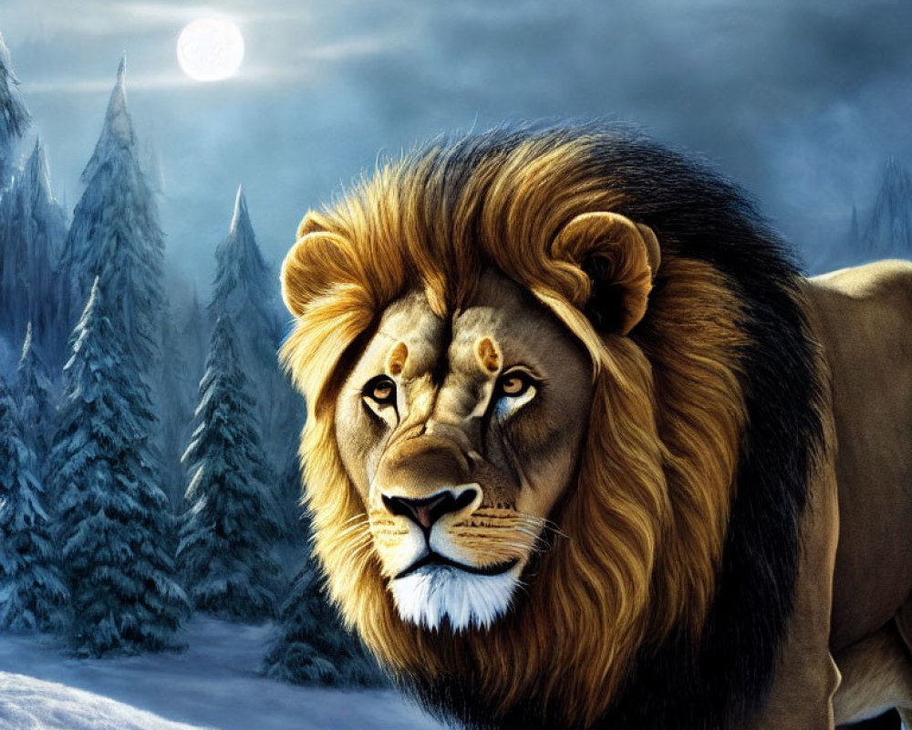 Majestic lion with thick mane in snowy forest under moonlit sky