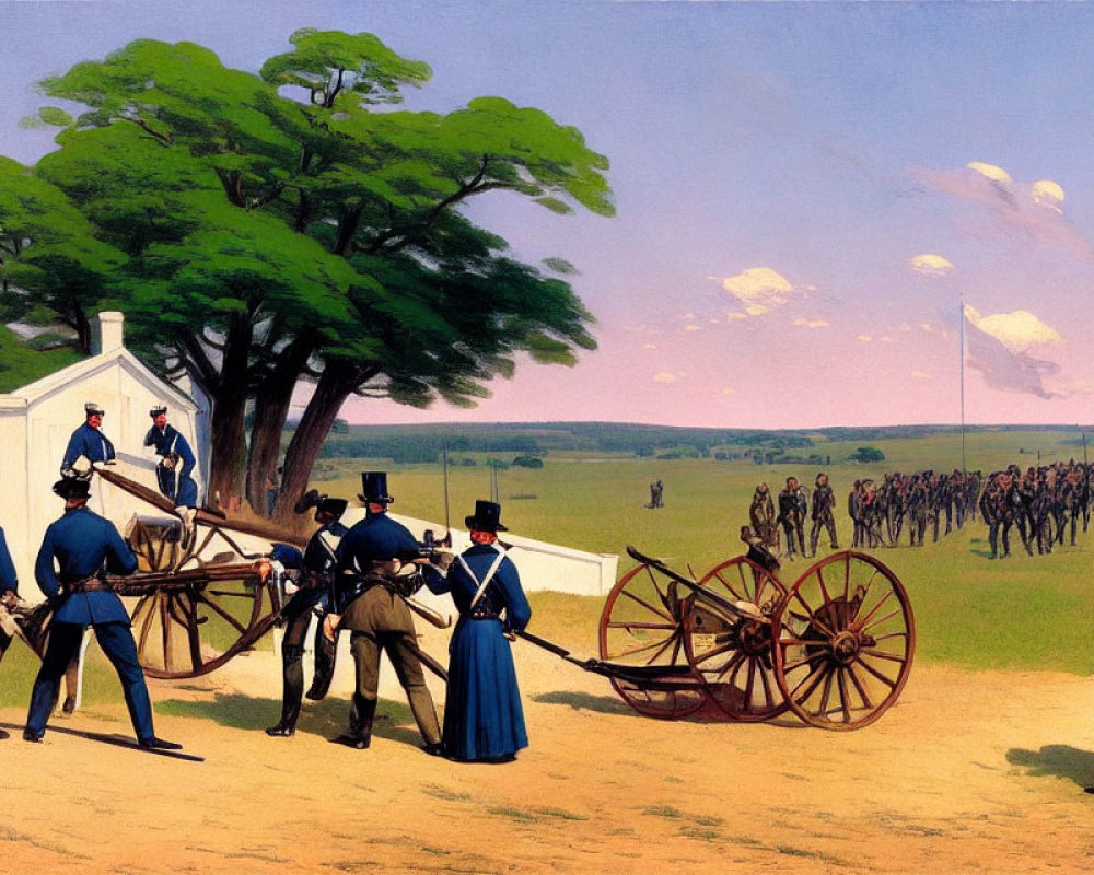 Historical military scene with soldiers, cannons, tree, tent under blue sky