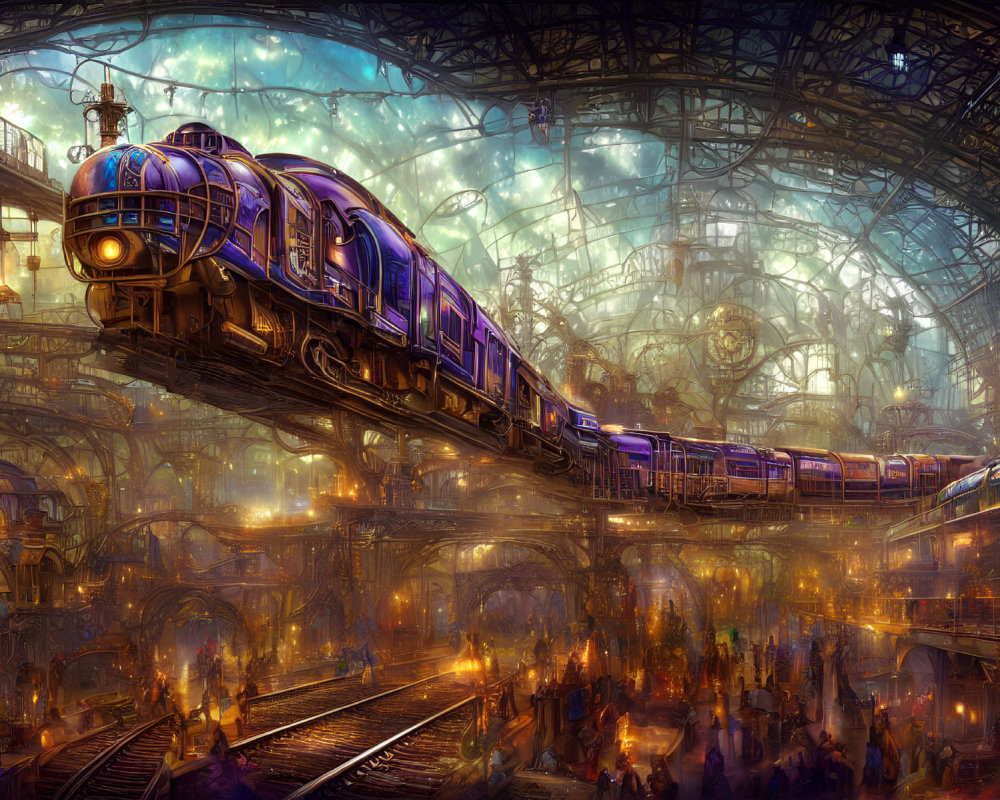 Futuristic train in steampunk-style station with glass roof