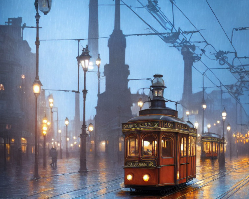 Vintage tram on rain-soaked, lamp-lit street at dusk
