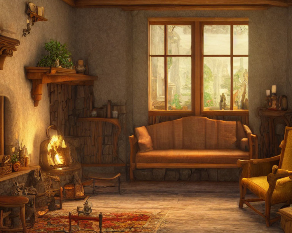Rustic interior with fireplace, wooden furniture, and large window