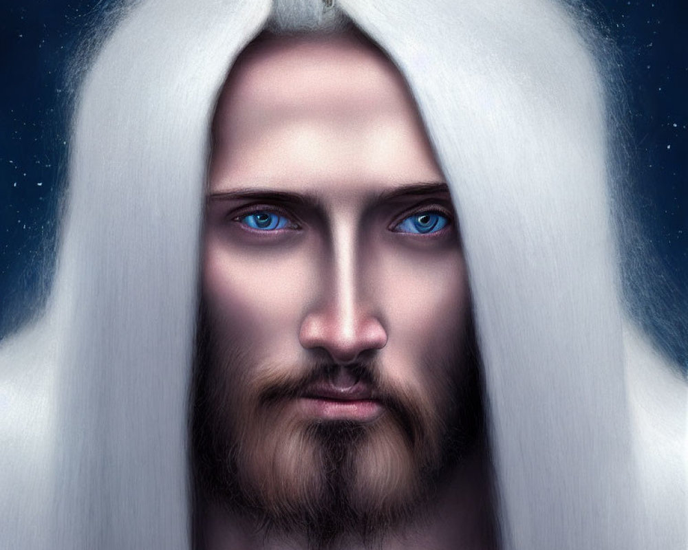 Close-Up Digital Portrait of Person with Blue Eyes and White Hair against Starry Night Sky