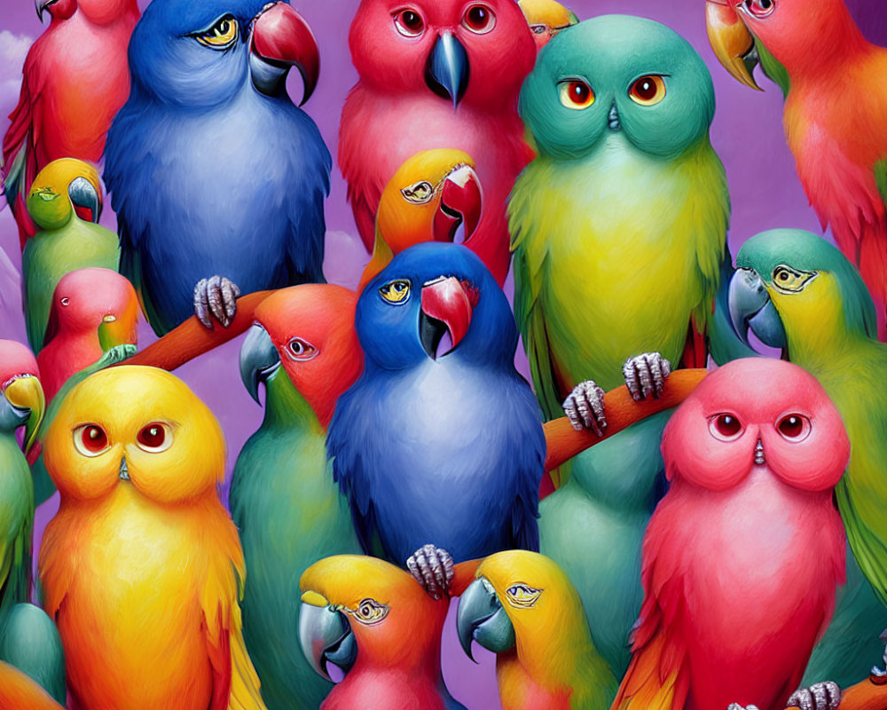 Vibrant Cartoon Parrots with Exaggerated Eyes on Branches