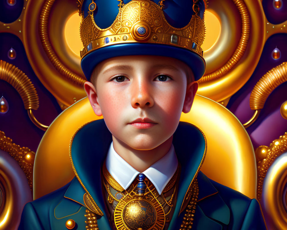 Regal boy in golden crown and attire against ornate backdrop