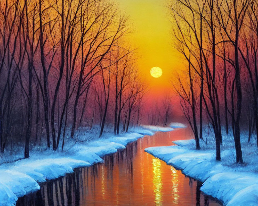 Winter sunset over snow-bordered river with barren trees in orange-blue sky