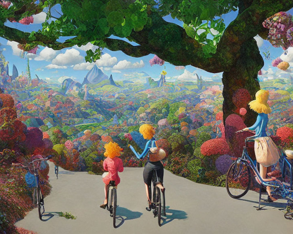 Three people biking under a large tree in a colorful landscape with whimsical trees and city structures.