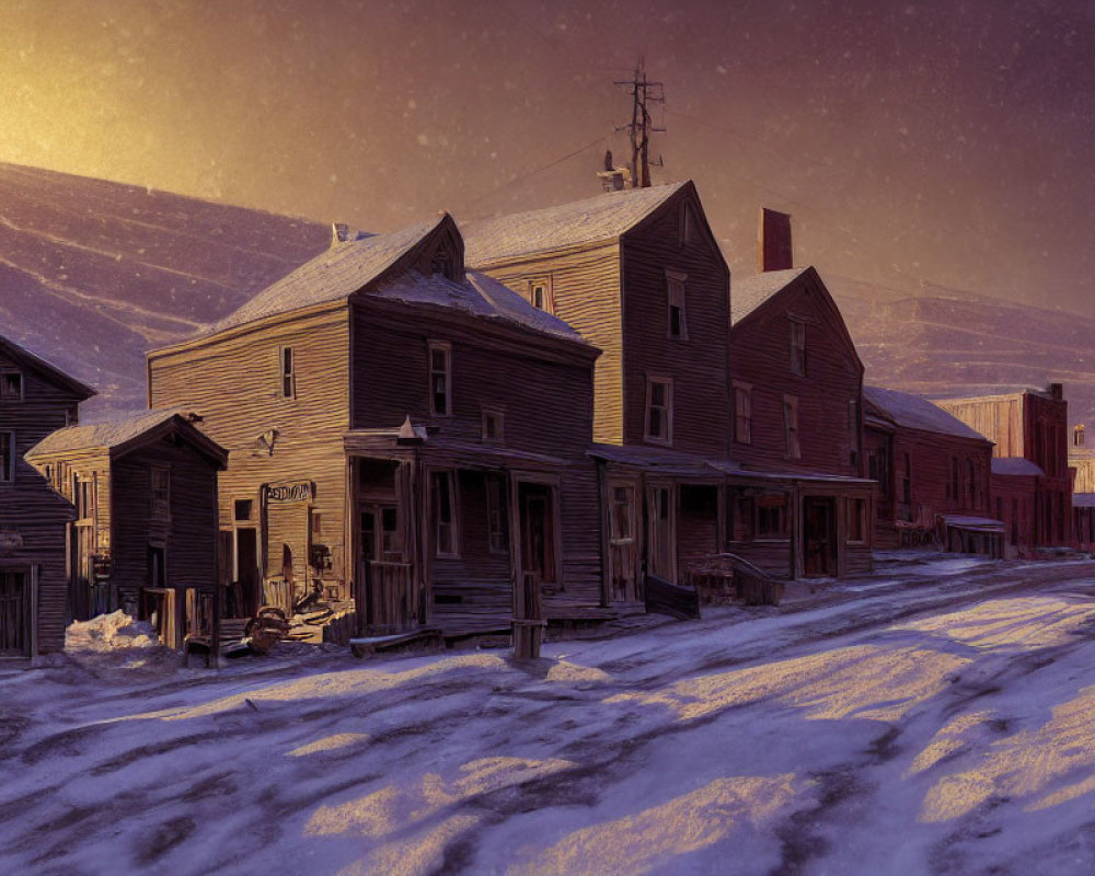 Snowy street with old wooden buildings at sunset amid hills and light snowfall