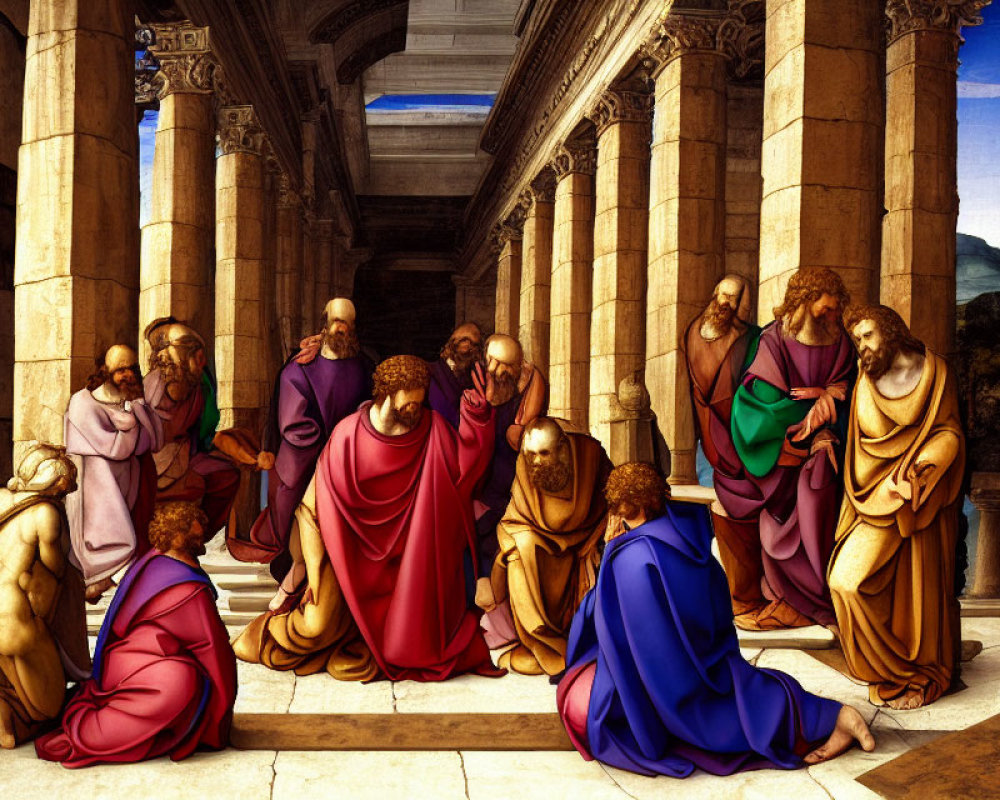 Group of robed figures in discussion in classical painting with columns and arches