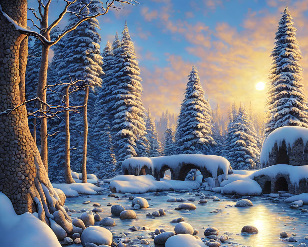 Winter scene: snow-covered pine trees, stone bridge, frozen creek, twilight sky