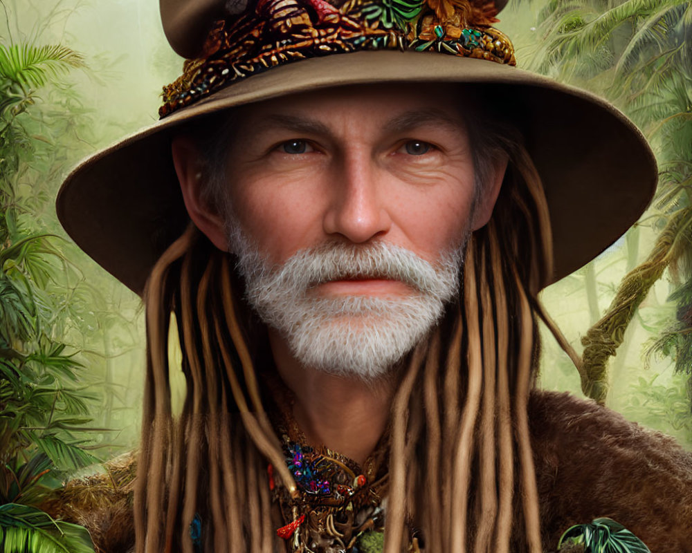 Portrait of man with feathered hat, dreadlocks, beard, tribal necklaces in jungle setting