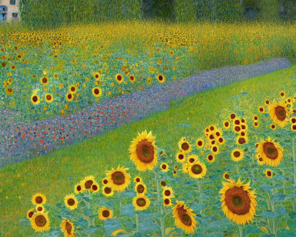 Sunflower Field with Path to Distant House in Lush Green Setting
