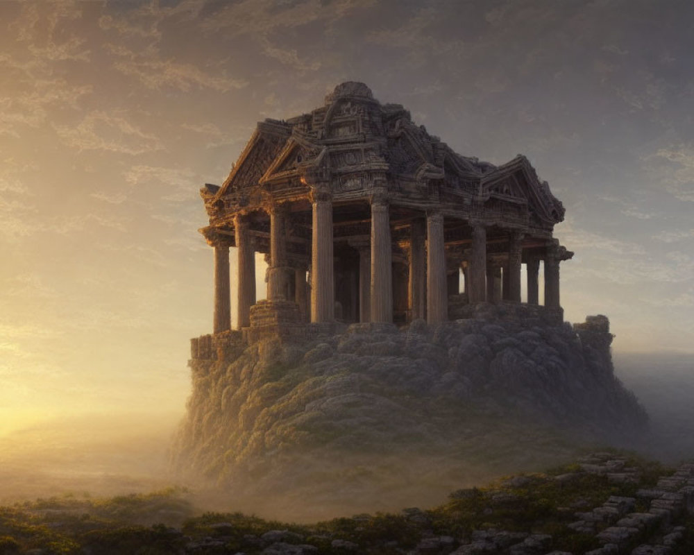 Ancient temple on rocky peak at sunrise with mist and dramatic sky