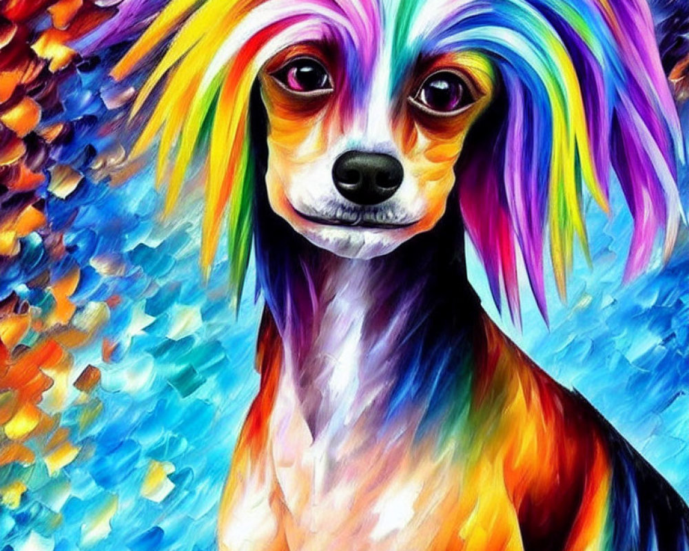 Colorful Dog Painting with Rainbow Fur on Abstract Blue Background