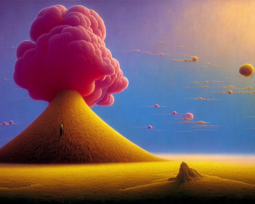 Surreal landscape with erupting volcano, person, and floating orbs