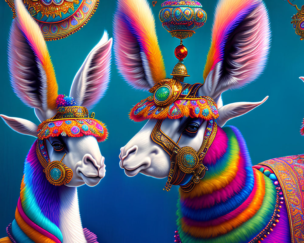Colorful llamas with ethnic-style adornments on turquoise backdrop