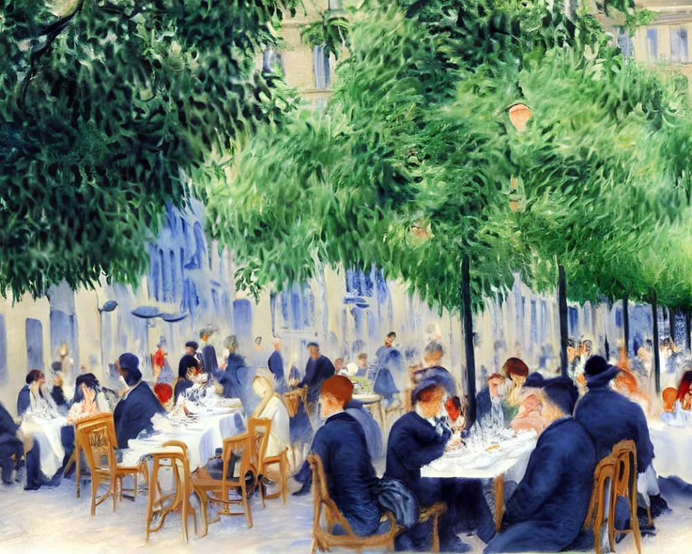 Impressionistic painting of outdoor cafe scene with diners under green trees