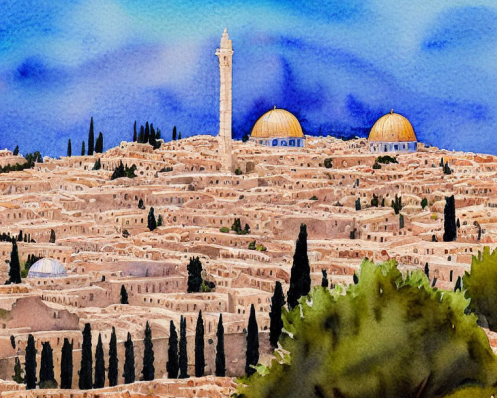 Jerusalem skyline watercolor painting with Dome of the Rock, tower, cemetery