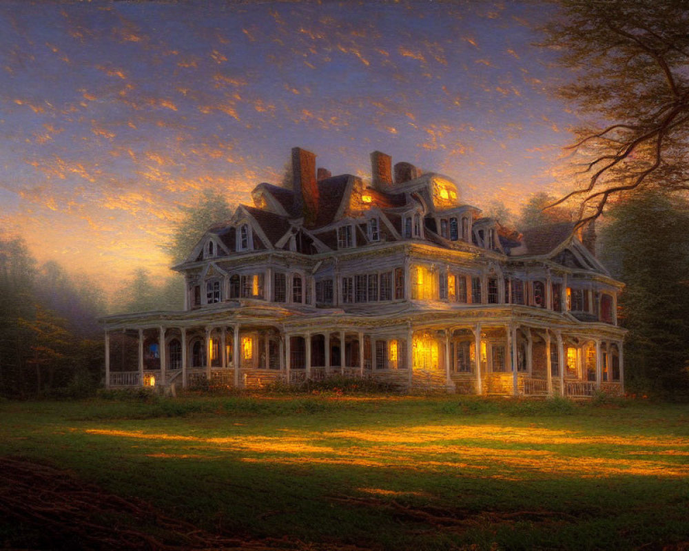 Victorian-style house in twilight forest with warm glowing lights