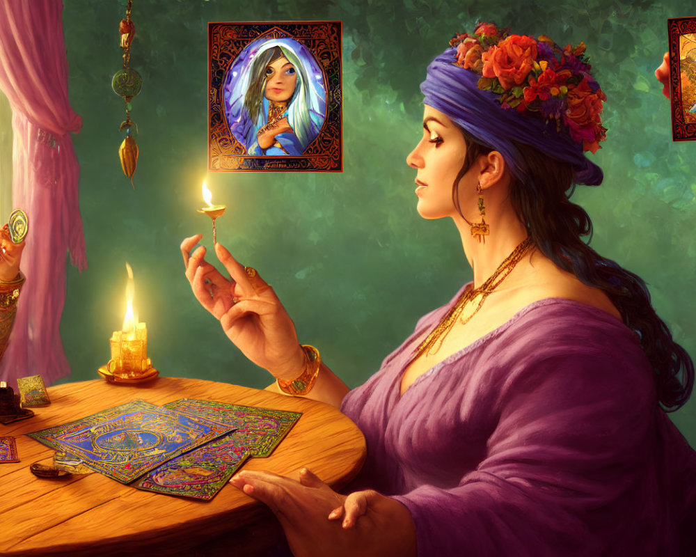 Woman in purple attire gazes at candle flame in mystical room