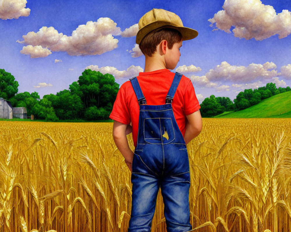 Boy in hat and overalls in golden wheat field with farm and silos under blue sky