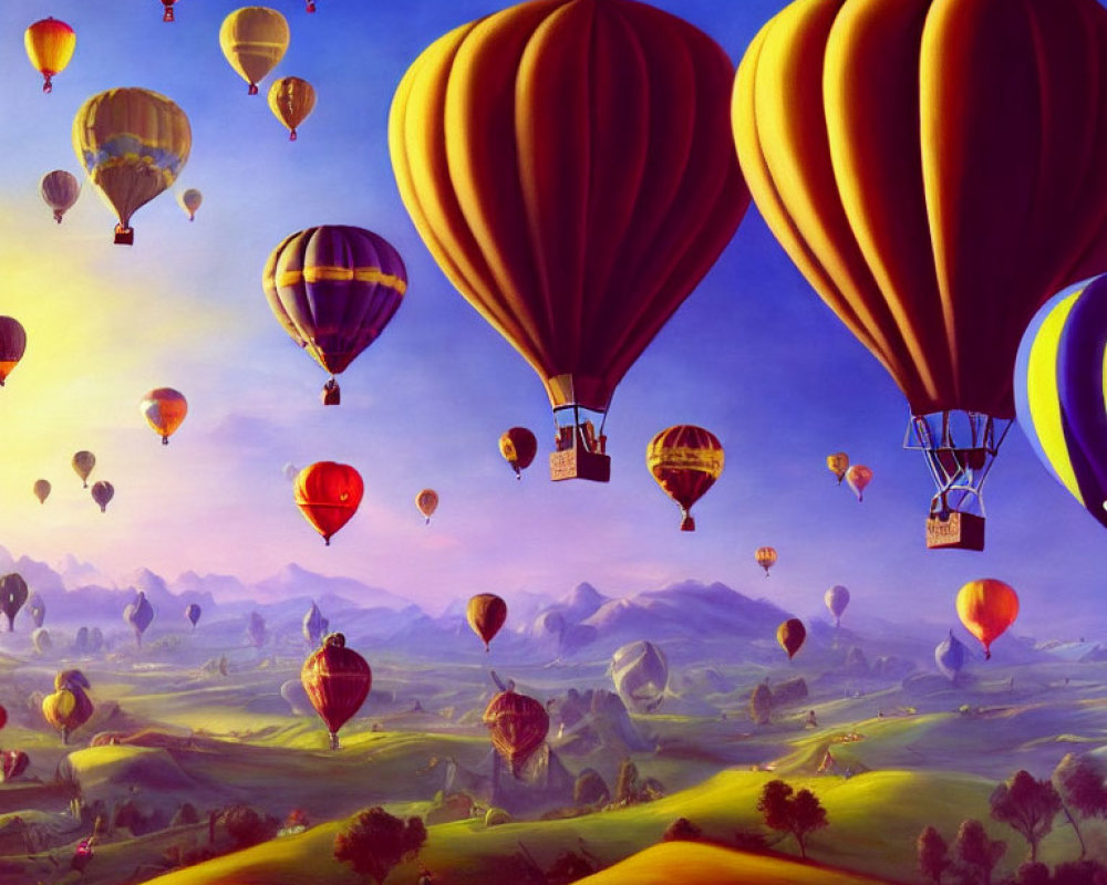 Vibrant hot air balloons over colorful hilly landscape at sunrise or sunset