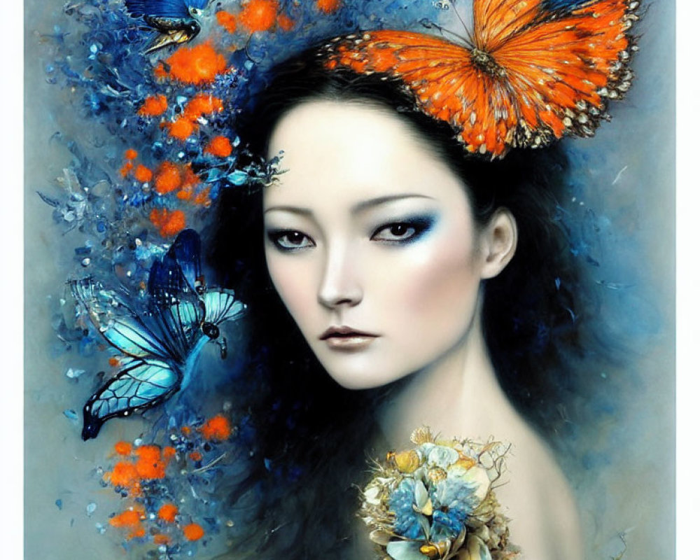 Woman portrait with pale skin, dark hair, orange and blue butterflies, blue background with floral patterns