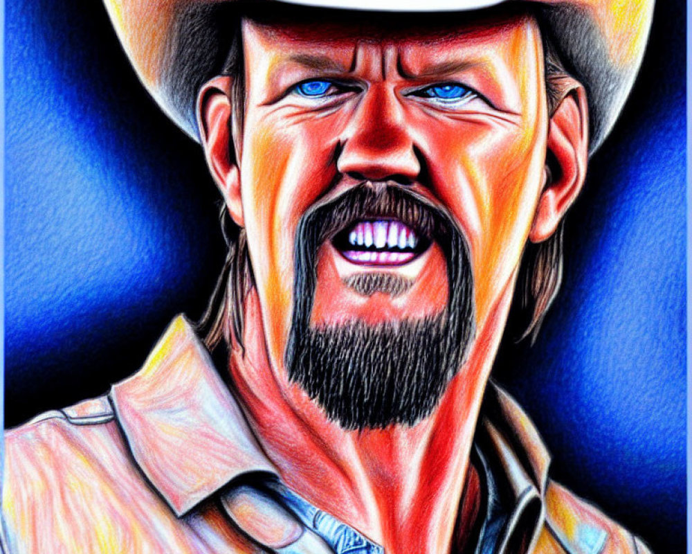 Vibrant drawing of a smiling man with beard and cowboy hat