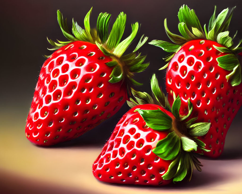 Ripe strawberries with green leaves and seeds on blurred warm background