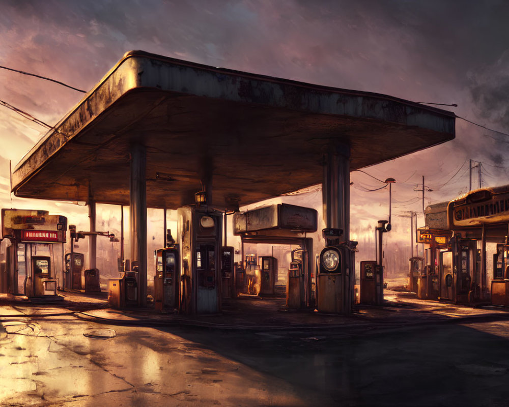 Abandoned gas station with rusty pumps and weathered canopy at sunset