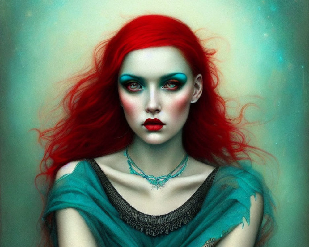 Vibrant red hair and turquoise eye makeup in digital portrait